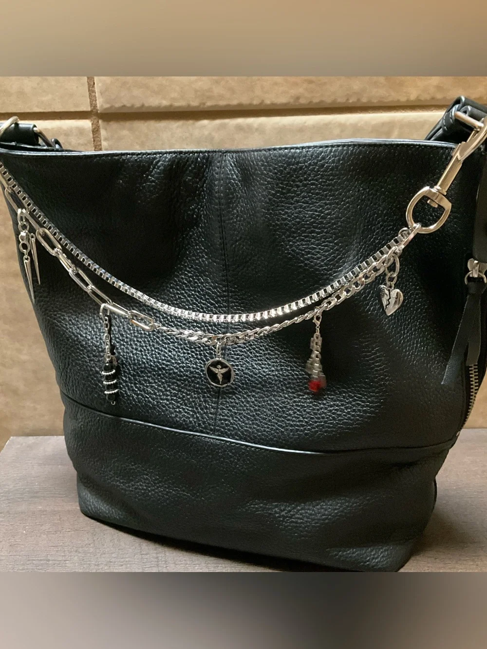 Treasure & Bond Black Leather Crossbody Hobo Slouchy Tote EMO Bag Chain charms